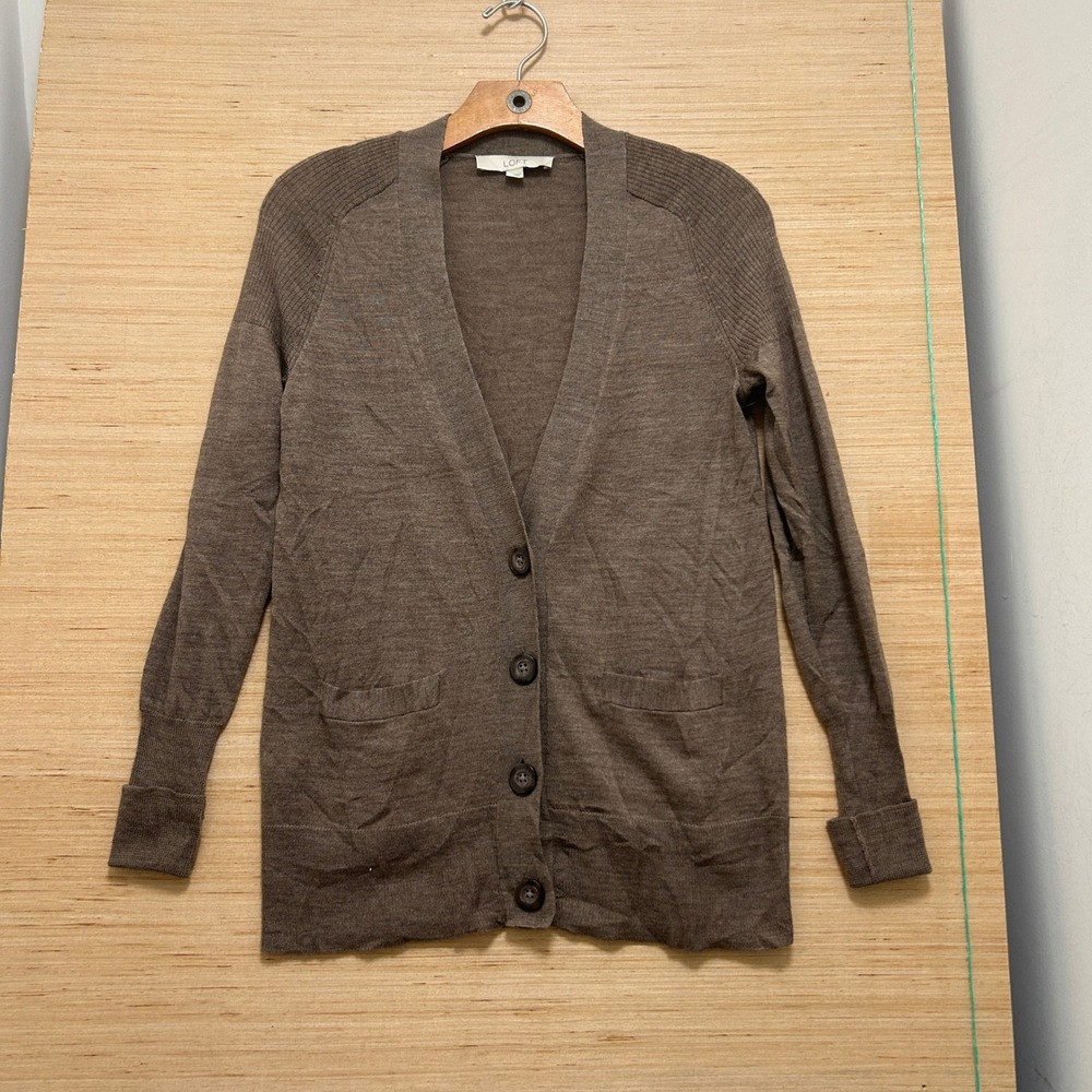 Loft Womens Brown V-Neck Button Front Cardigan Sweater Size S Pocketed Knit